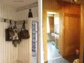 Stara boazeria aranżacje: biała boazeria w przedpokoju z torbami, obok widok na kuchnię i drewnianą boazerię.