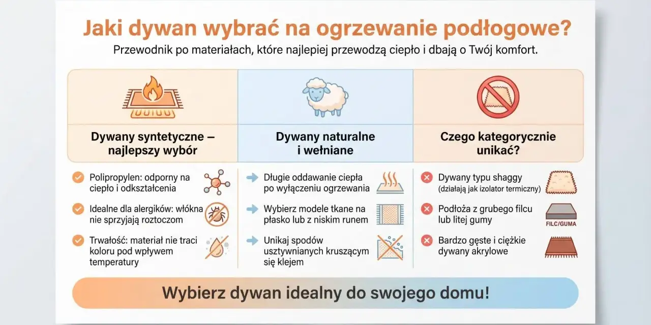 Wykładzina na ogrzewanie podłogowe: syntetyczne są najlepszym wyborem, naturalne i wełniane oddają ciepło, unikaj shaggy i grubych filców.