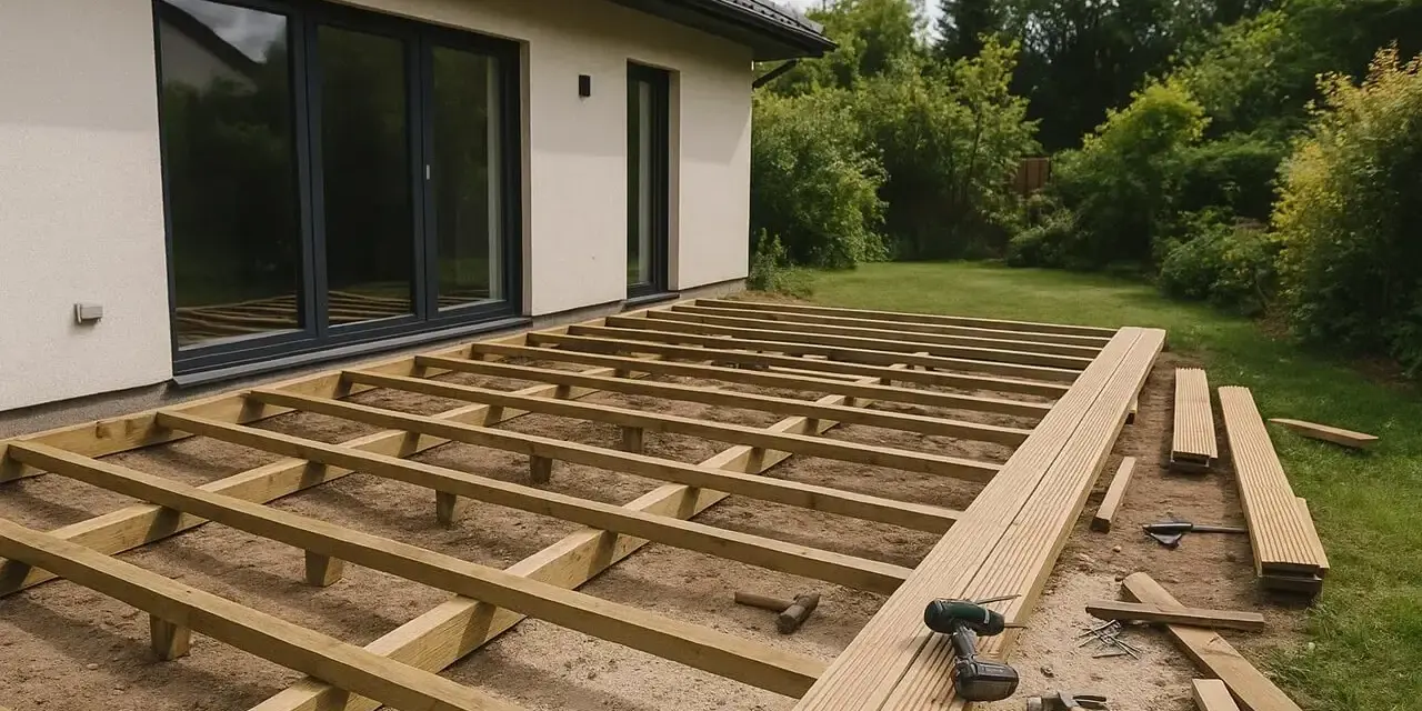 Budowa tarasu przed wejściem do domu. Drewniany stelaż czeka na deski, obok leżą narzędzia i materiały.