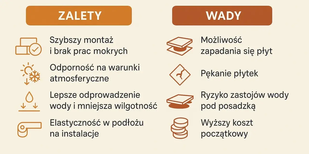 Taras wentylowany: wady to ryzyko zapadania się płyt, pękanie, zastój wody pod posadzką i wyższy koszt początkowy.