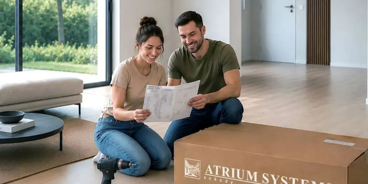 Para montażu schodów modułowych. Para przegląda instrukcję, obok leży karton z napisem "ATRIUM SYSTEM schody".