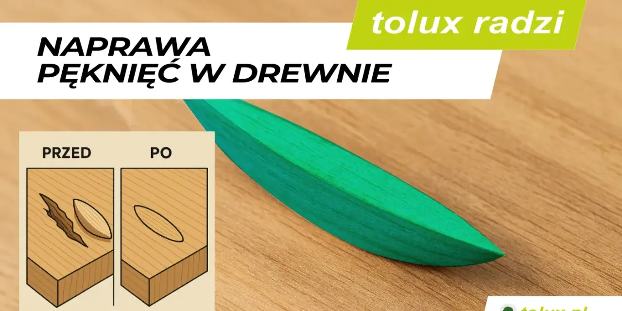 Jak zabezpieczyć pękające drewno? Grafika pokazuje naprawę pęknięć w drewnie przed i po.