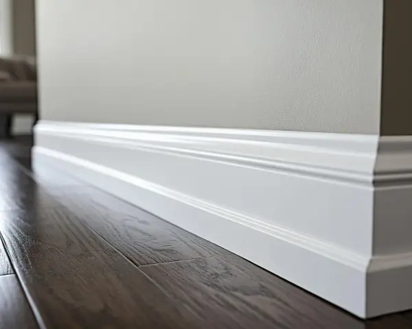 Eleganckie białe listwy przypodłogowe, idealnie dopasowane do ciemnej podłogi. Wybór między listwami 8 czy 10 cm podkreśli styl wnętrza.