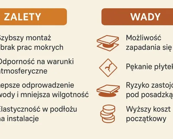 Taras wentylowany: wady to ryzyko zapadania się płyt, pękanie, zastój wody pod posadzką i wyższy koszt początkowy.