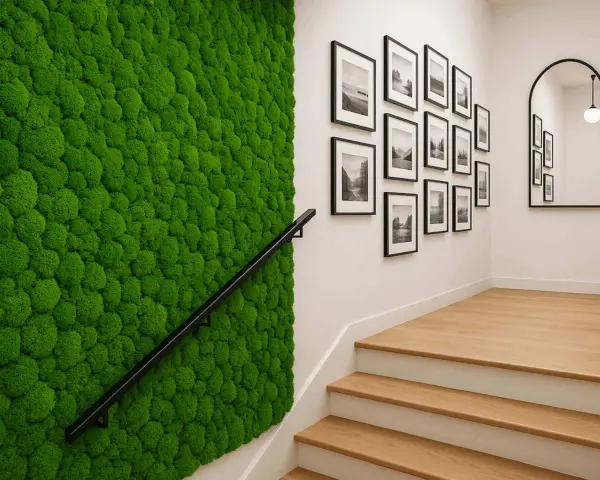 Efektowna aranżacja ściany przy schodach z żywego mchu. Obok galeria czarno-białych zdjęć w ramkach.