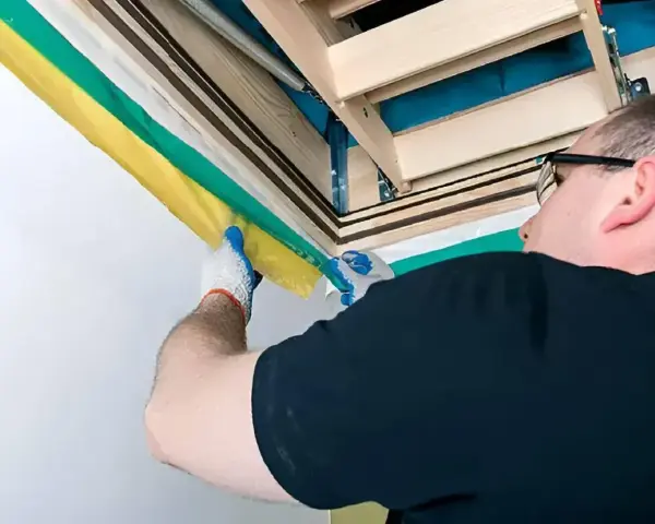 Mężczyzna w rękawiczkach montuje izolację schodów strychowych.
