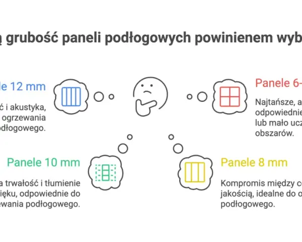 Wybór grubości paneli podłogowych: 12 mm (trwałe, akustyczne, nie do ogrzewania), 10 mm (dobra trwałość, do ogrzewania), 8 mm (kompromis, do ogrzewania), 6-7 mm (najtańsze, tymczasowe).