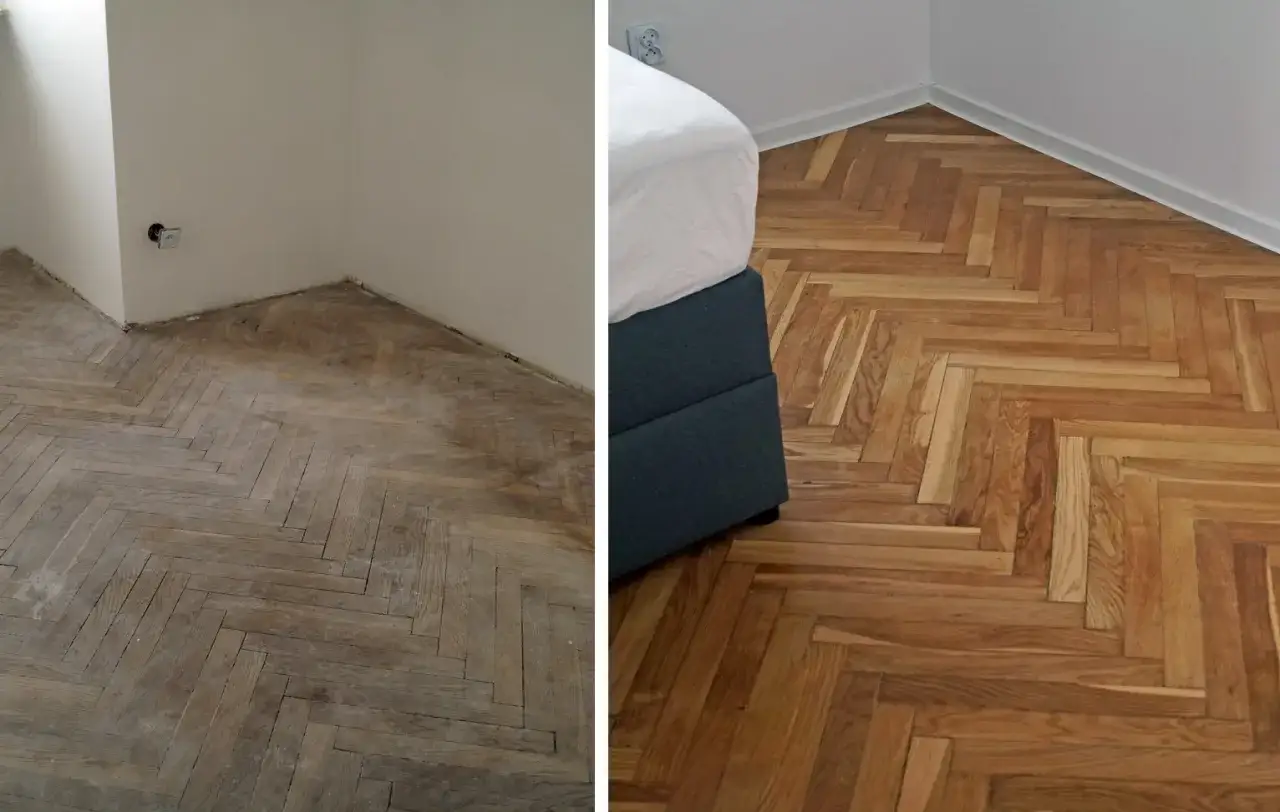 Przed i po cyklinowaniu parkietu. Stary, zniszczony parkiet odzyskał blask dzięki profesjonalnemu cyklinowaniu.