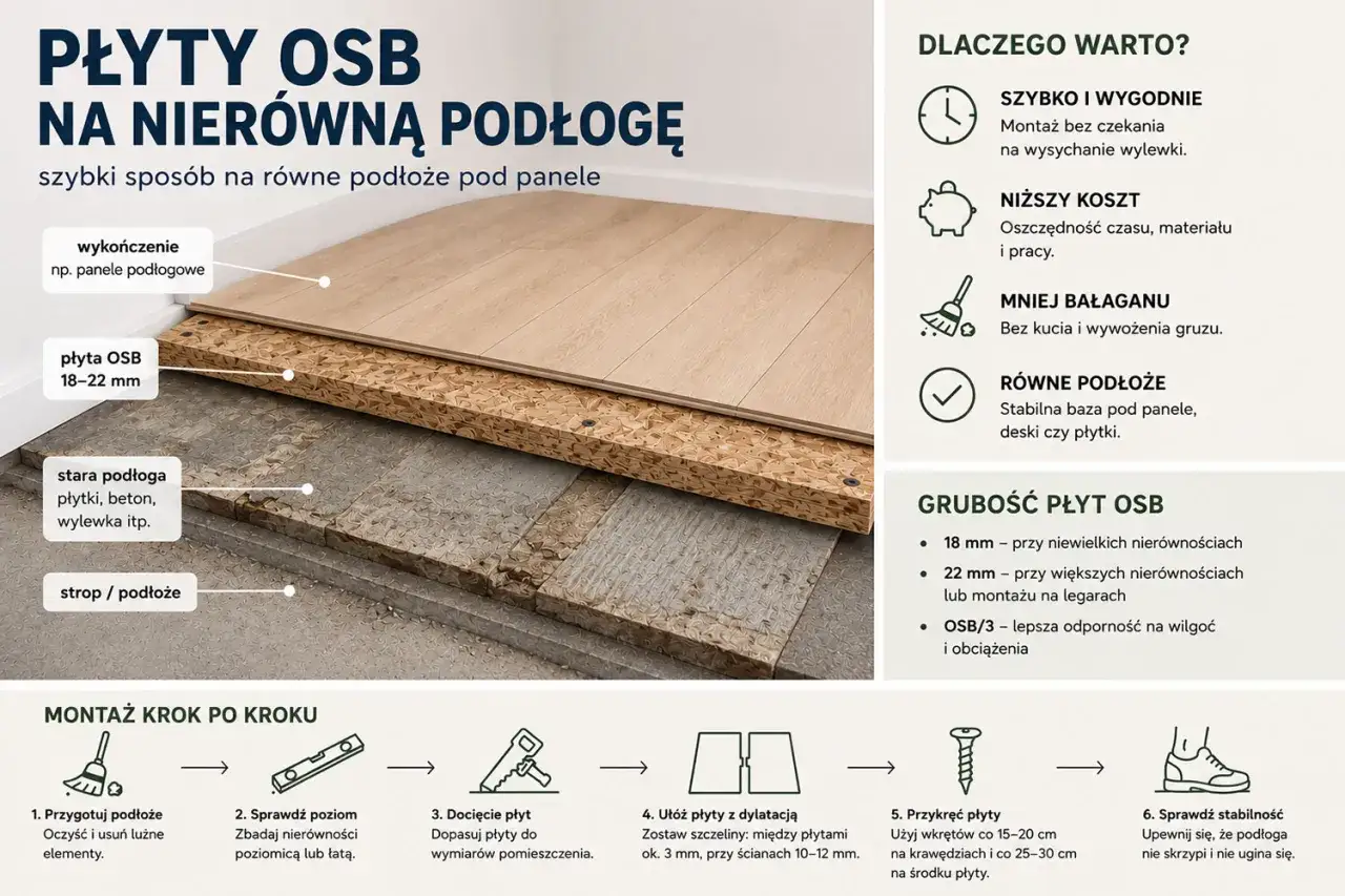 Płyty OSB na nierówną podłogę to szybki sposób na równe podłoże pod panele. Grubość 18-22 mm wyrównuje nierówności.