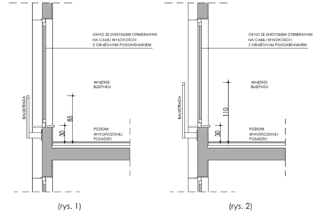 Dwa przekroje okien z balustradą. Rys. 1: wysokość balustrady 85, Rys. 2: wysokość balustrady 110.