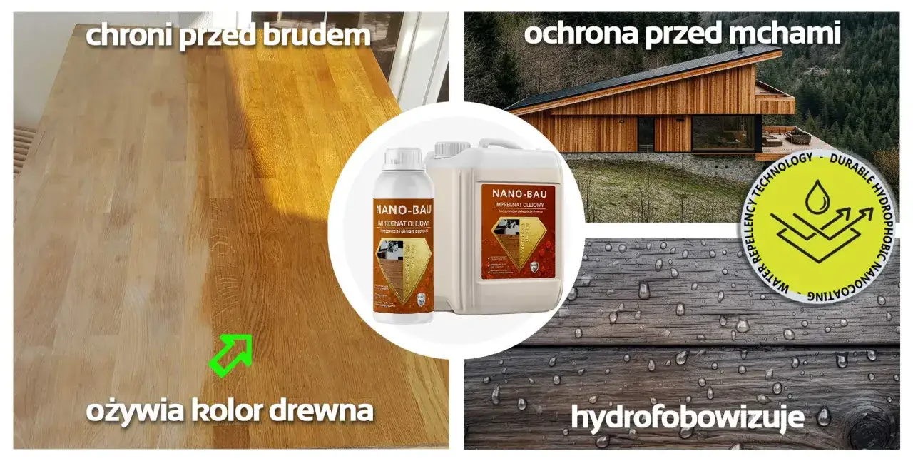 Impregnacja drewna Nano-Bau chroni przed brudem, ożywia kolor i zapewnia hydrofobowość. Zabezpiecza dom przed mchami.
