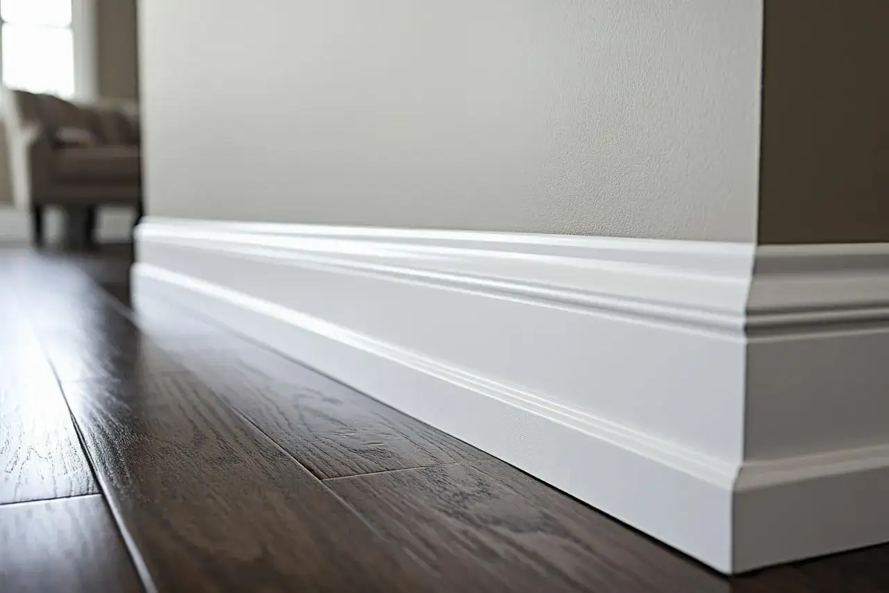 Eleganckie białe listwy przypodłogowe, idealnie pasujące do ciemnej podłogi. Wybór między listwami przypodłogowymi 8 czy 10 cm zależy od stylu wnętrza.