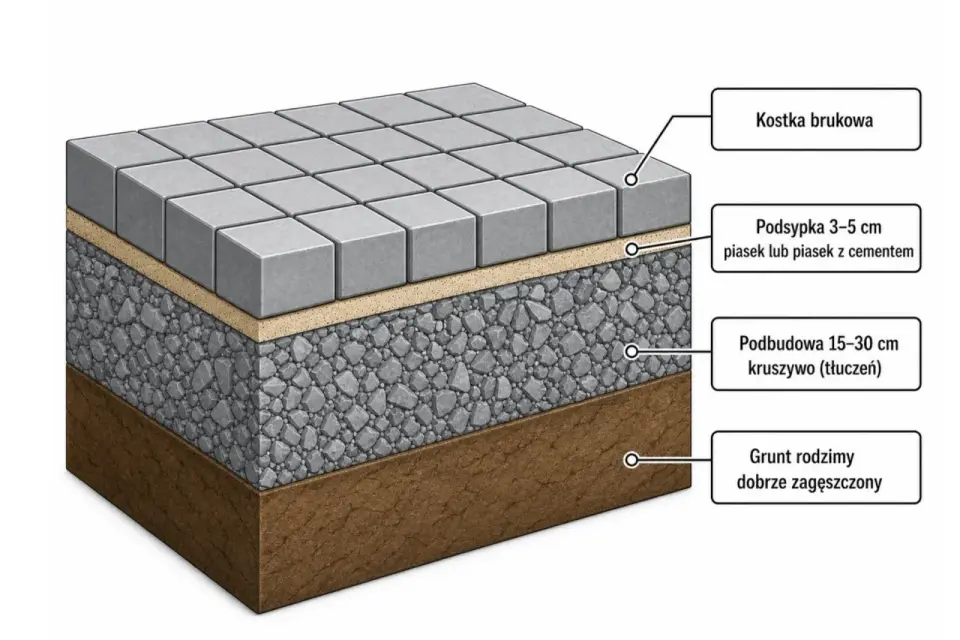 Warstwy pod kostkę brukową: podsypka z piasku z cementem, podbudowa z kruszywa, zagęszczony grunt. Suchy beton pod kostkę proporcje to klucz do trwałości.